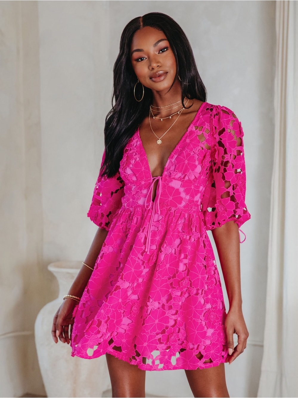 Women’s Fuchsia Lace Tie-Front Mini Dress